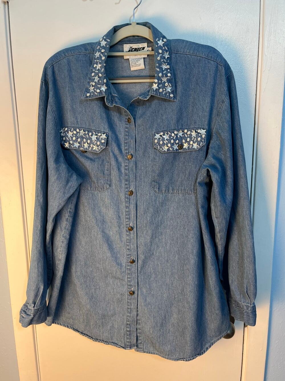 VTG Jenjen by Darian Denim Star Beaded Blouse XL Western Rodeo 80s Cowgirl